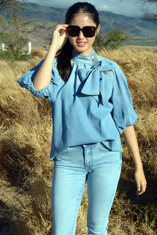 T2308XXNZ19780-Puff Half Sleeves High Neck Woven Denim Top