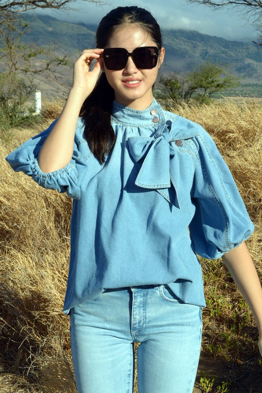 T2308XXNZ19780-Puff Half Sleeves High Neck Woven Denim Top