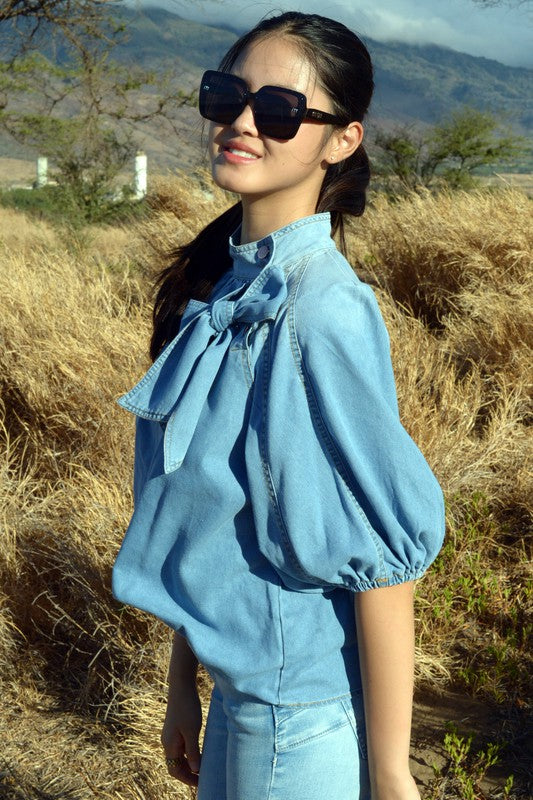 T2308XXNZ19780-Puff Half Sleeves High Neck Woven Denim Top