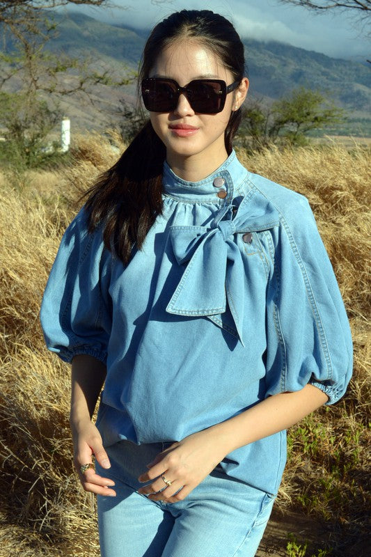 T2308XXNZ19780-Puff Half Sleeves High Neck Woven Denim Top