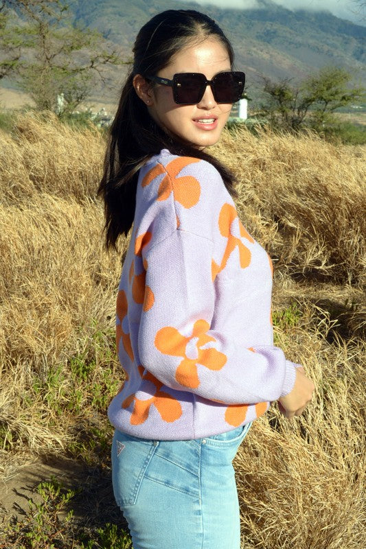 W2308JYYS82236-Fashion Flower Pattern Knit Sweater Top