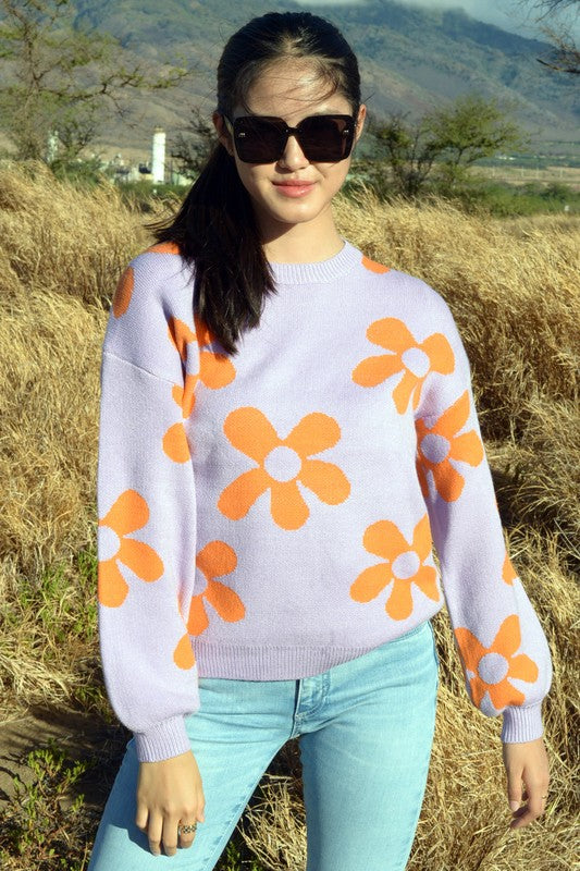 W2308JYYS82236-Fashion Flower Pattern Knit Sweater Top