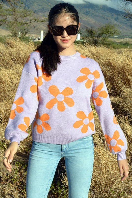 W2308JYYS82236-Fashion Flower Pattern Knit Sweater Top