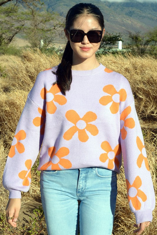W2308JYYS82236-Fashion Flower Pattern Knit Sweater Top