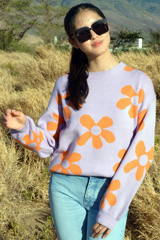 W2308JYYS82236-Fashion Flower Pattern Knit Sweater Top