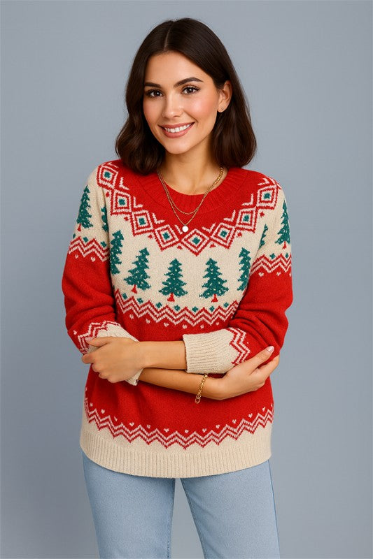 W2511JYYS99721-Christmas Tree Pattern Knit Sweater