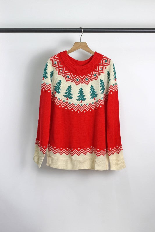 W2511JYYS99721-Christmas Tree Pattern Knit Sweater