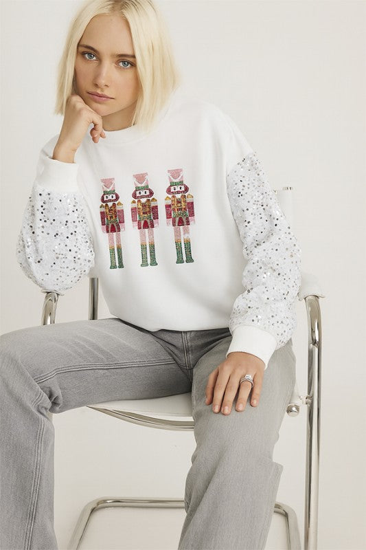 T2511YM41649-Sequin Nutcracker Christmas Sweatshirt
