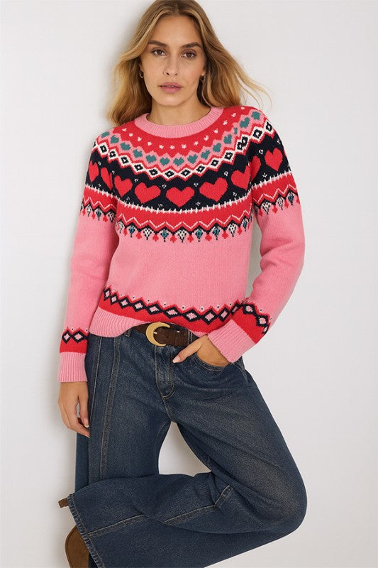 W2511JYYS97505-Women Nordic Heart Pattern Knit Sweater
