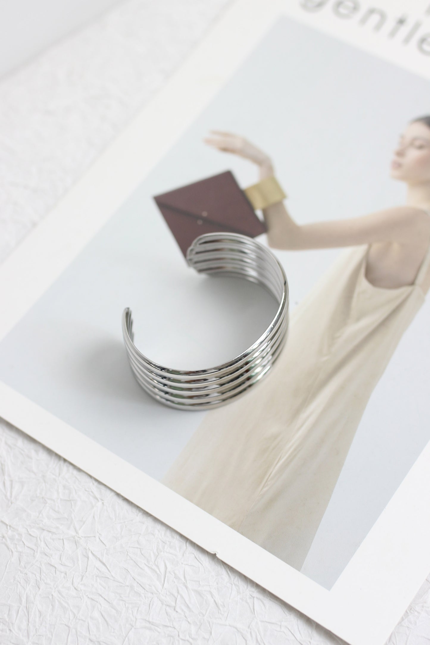 A2408JQ42671 - Metallic Open Cuff Bracelet with Ribbed Design