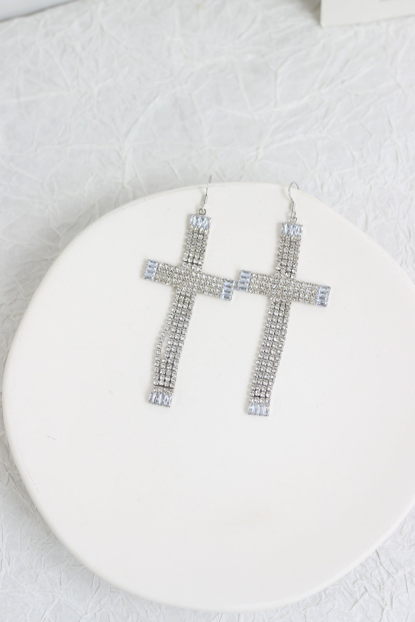 A2409LX65596 - Silver Rhinestone Cross Dangle Earrings