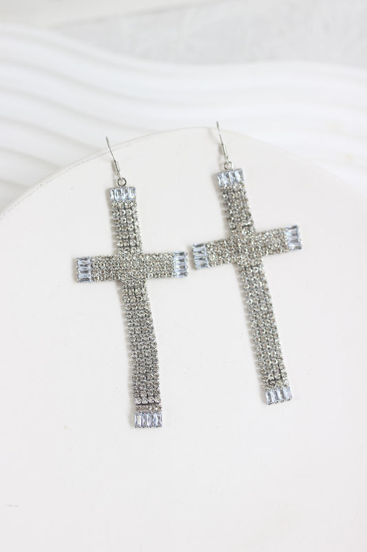 A2409LX65596 - Silver Rhinestone Cross Dangle Earrings