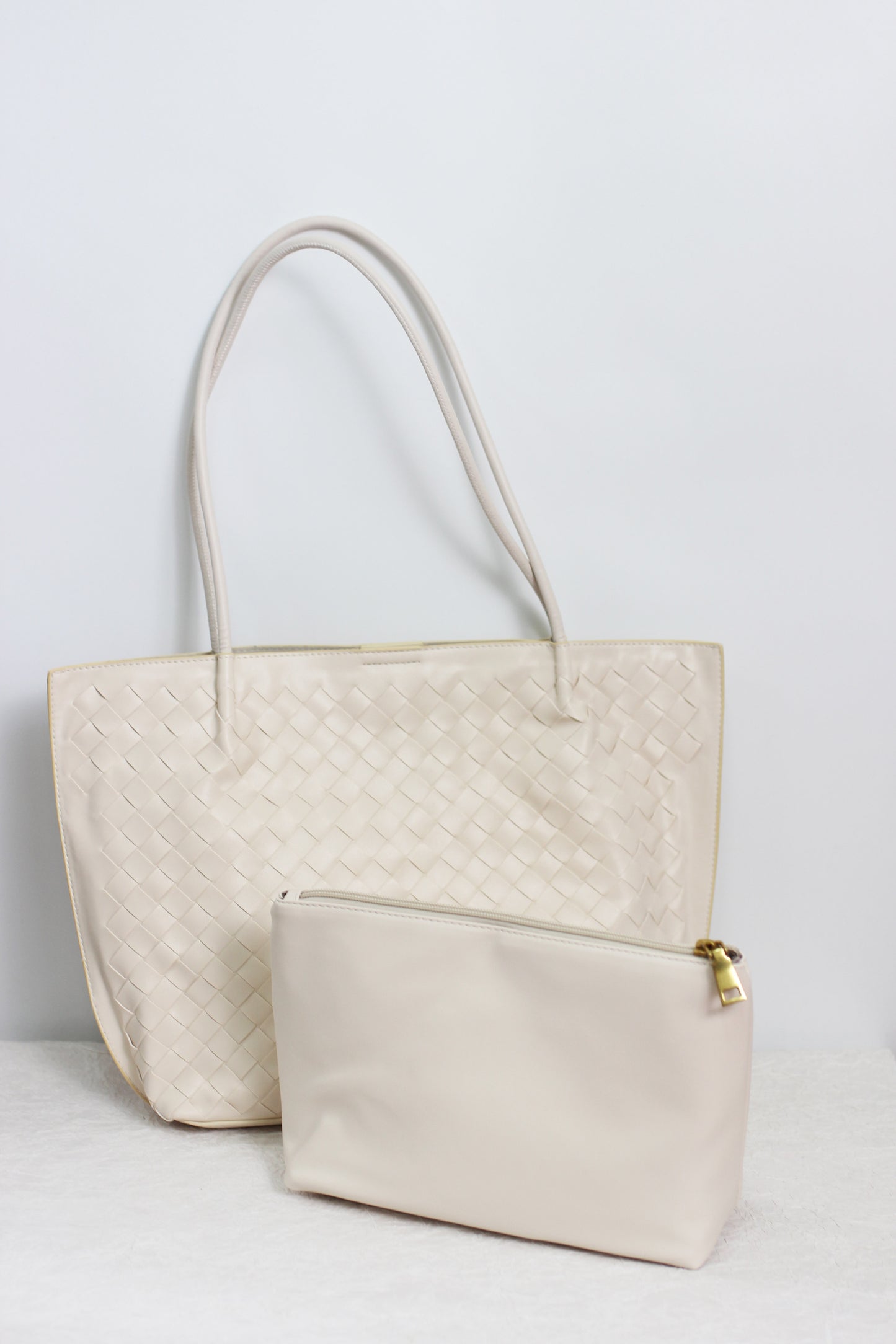 A2411CX52717 - Woven PU Leather Tote Bag with Pouch