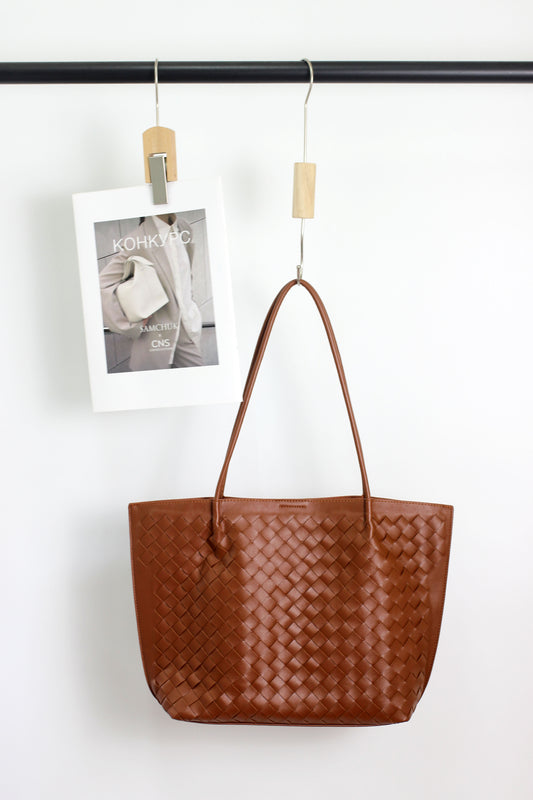 A2411CX52717 - Woven PU Leather Tote Bag with Pouch