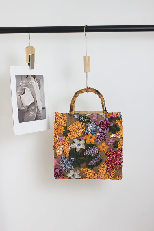 A2412BW10857 - Floral Embroidered Handbag with Bamboo Handle