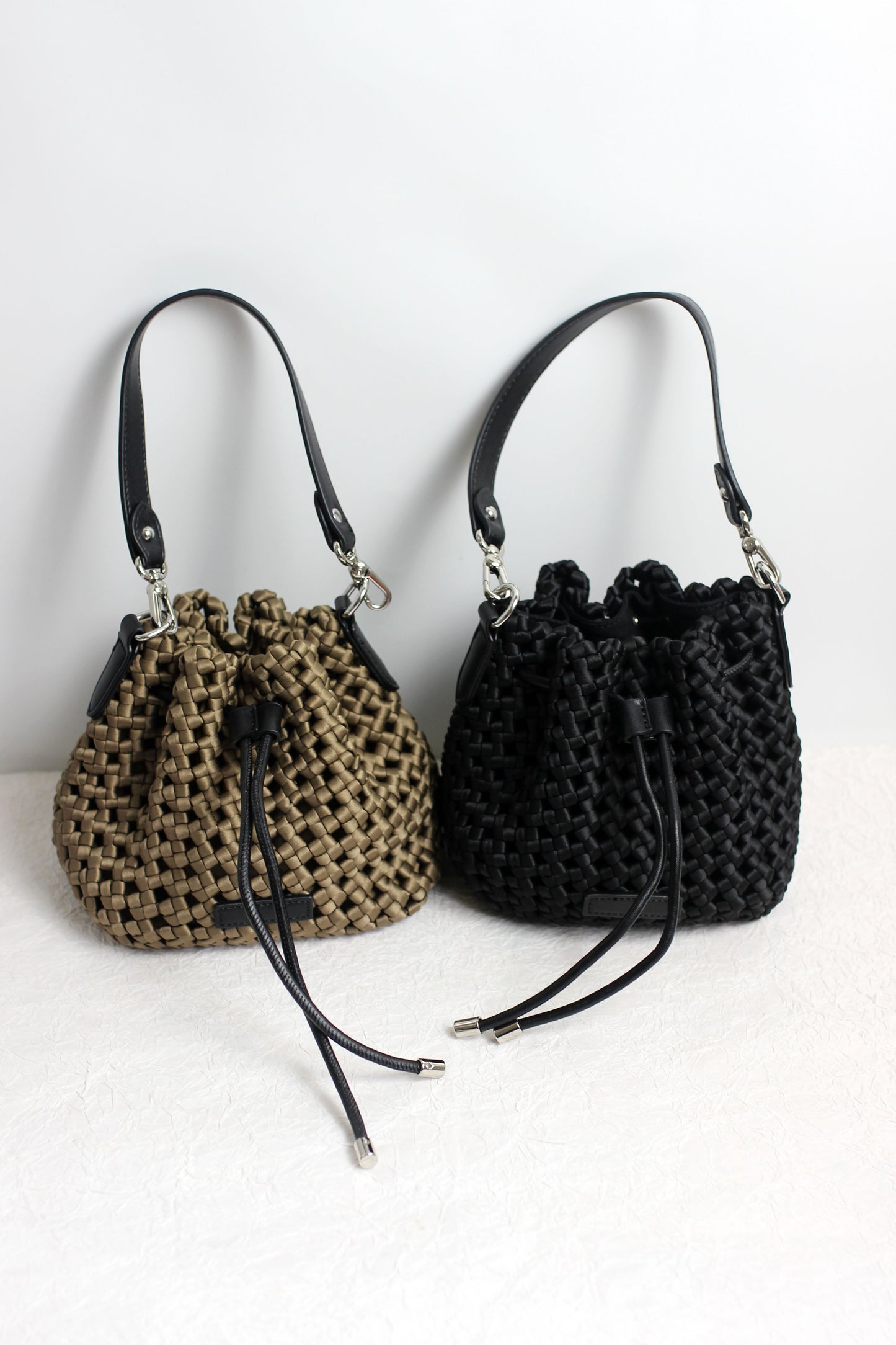 A2412CX69244 - Silk Woven Bucket Bag with PU Leather Trim
