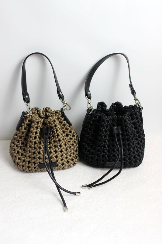 A2412CX69244 - Silk Woven Bucket Bag with PU Leather Trim
