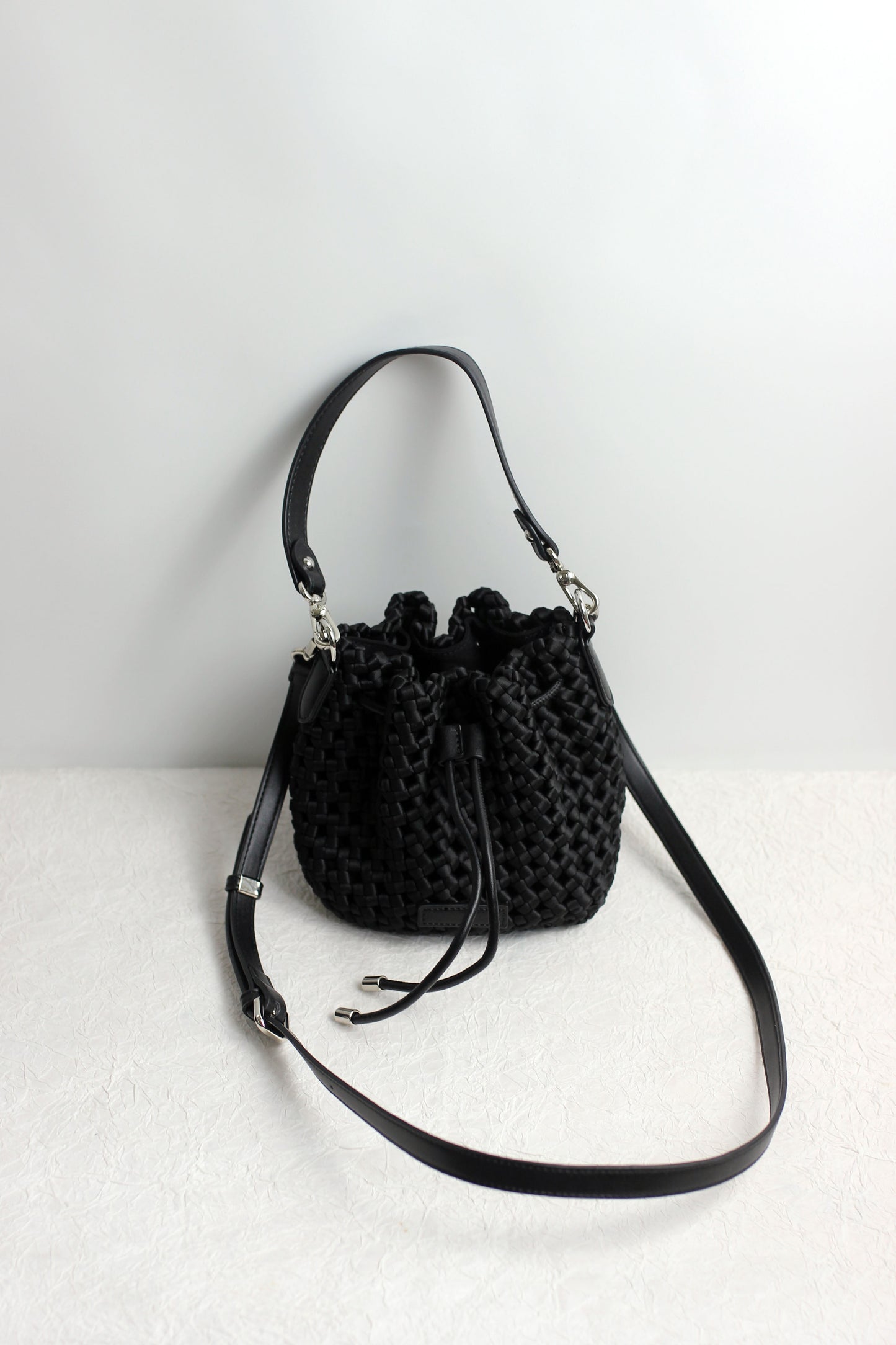 A2412CX69244 - Silk Woven Bucket Bag with PU Leather Trim