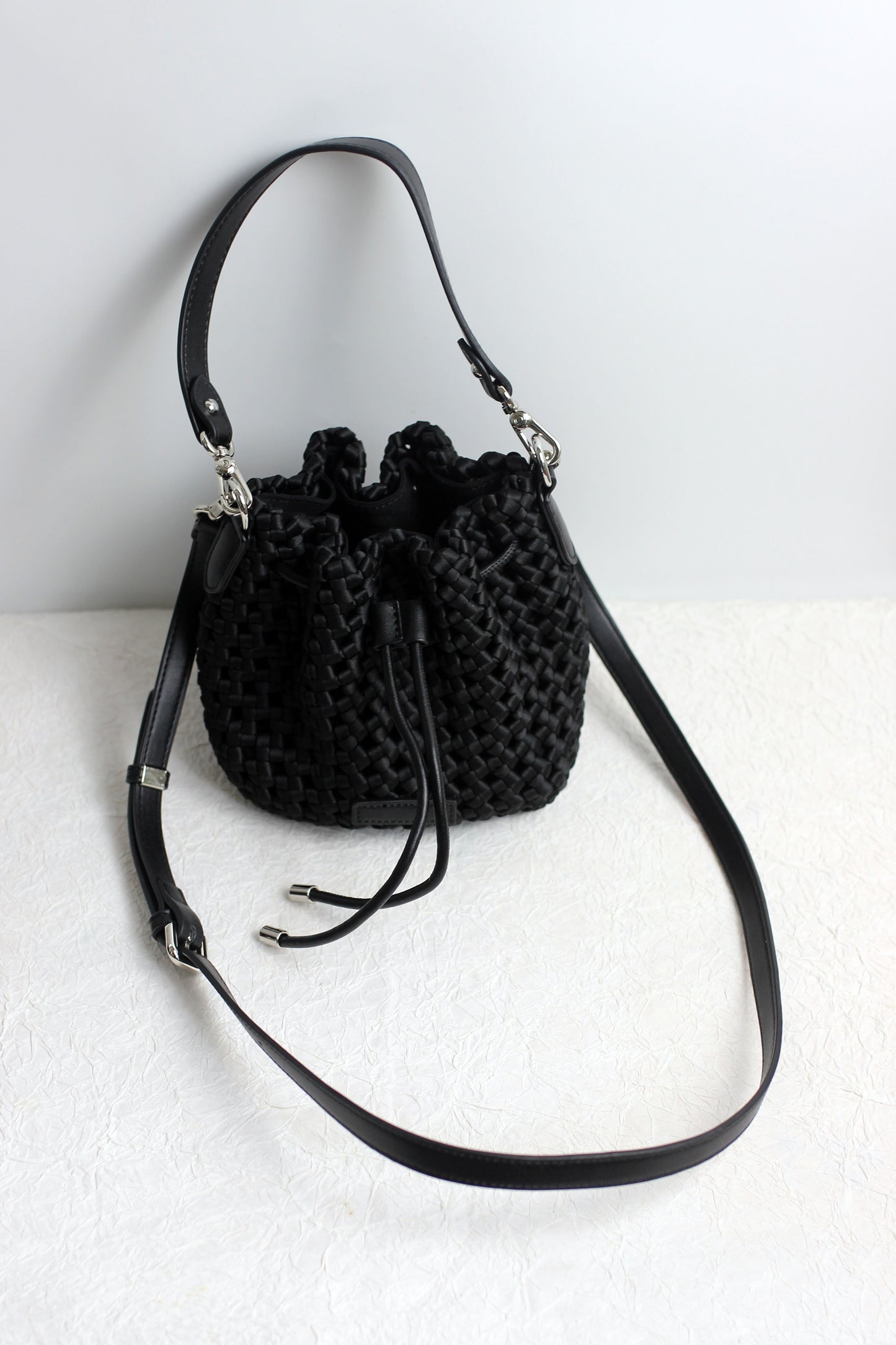 A2412CX69244 - Silk Woven Bucket Bag with PU Leather Trim