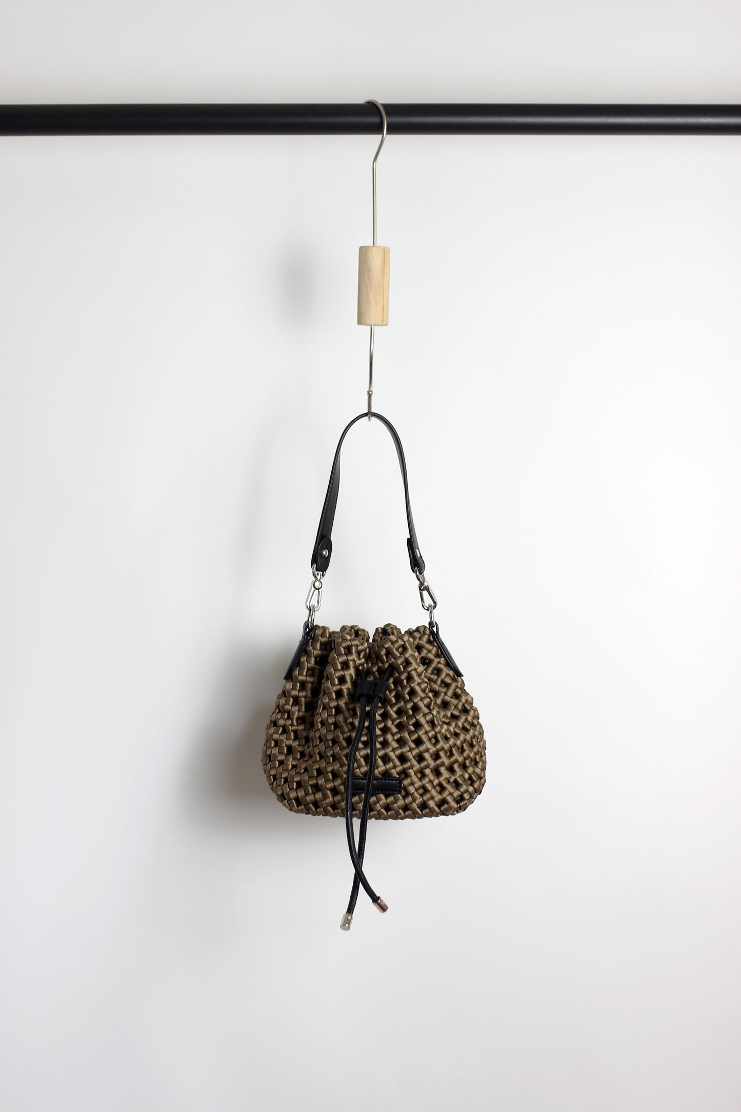 A2412CX69244 - Silk Woven Bucket Bag with PU Leather Trim