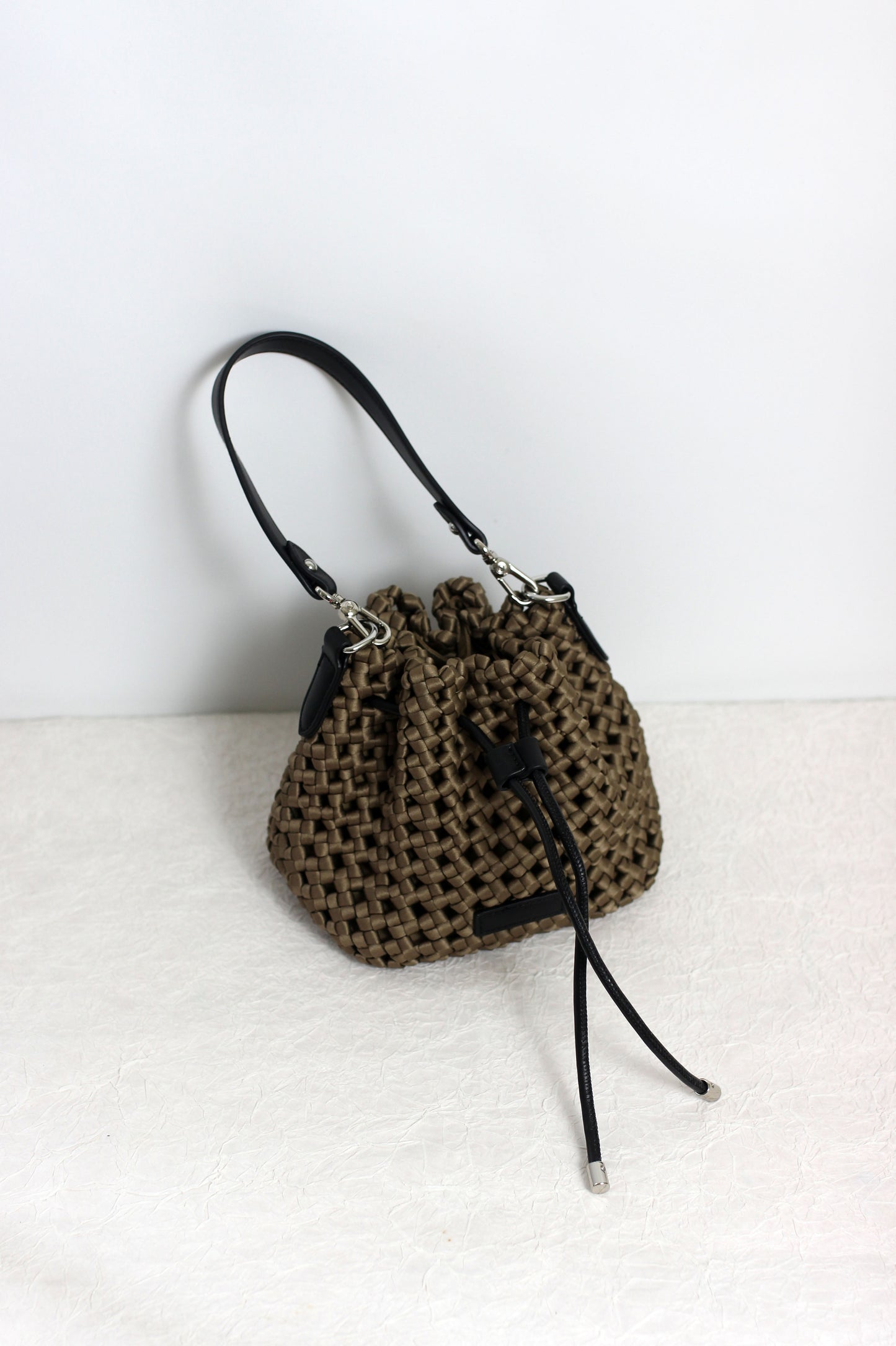 A2412CX69244 - Silk Woven Bucket Bag with PU Leather Trim