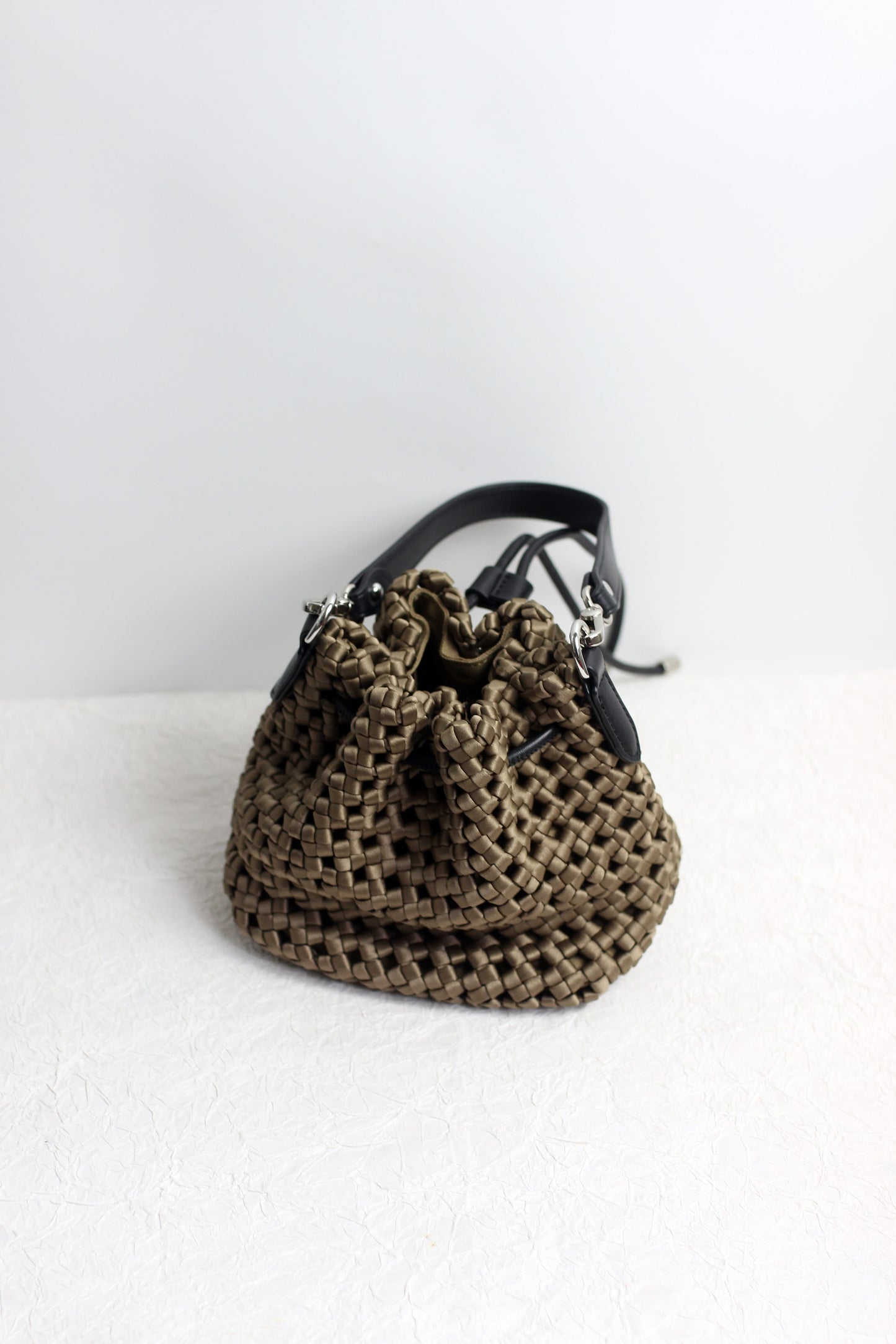 A2412CX69244 - Silk Woven Bucket Bag with PU Leather Trim