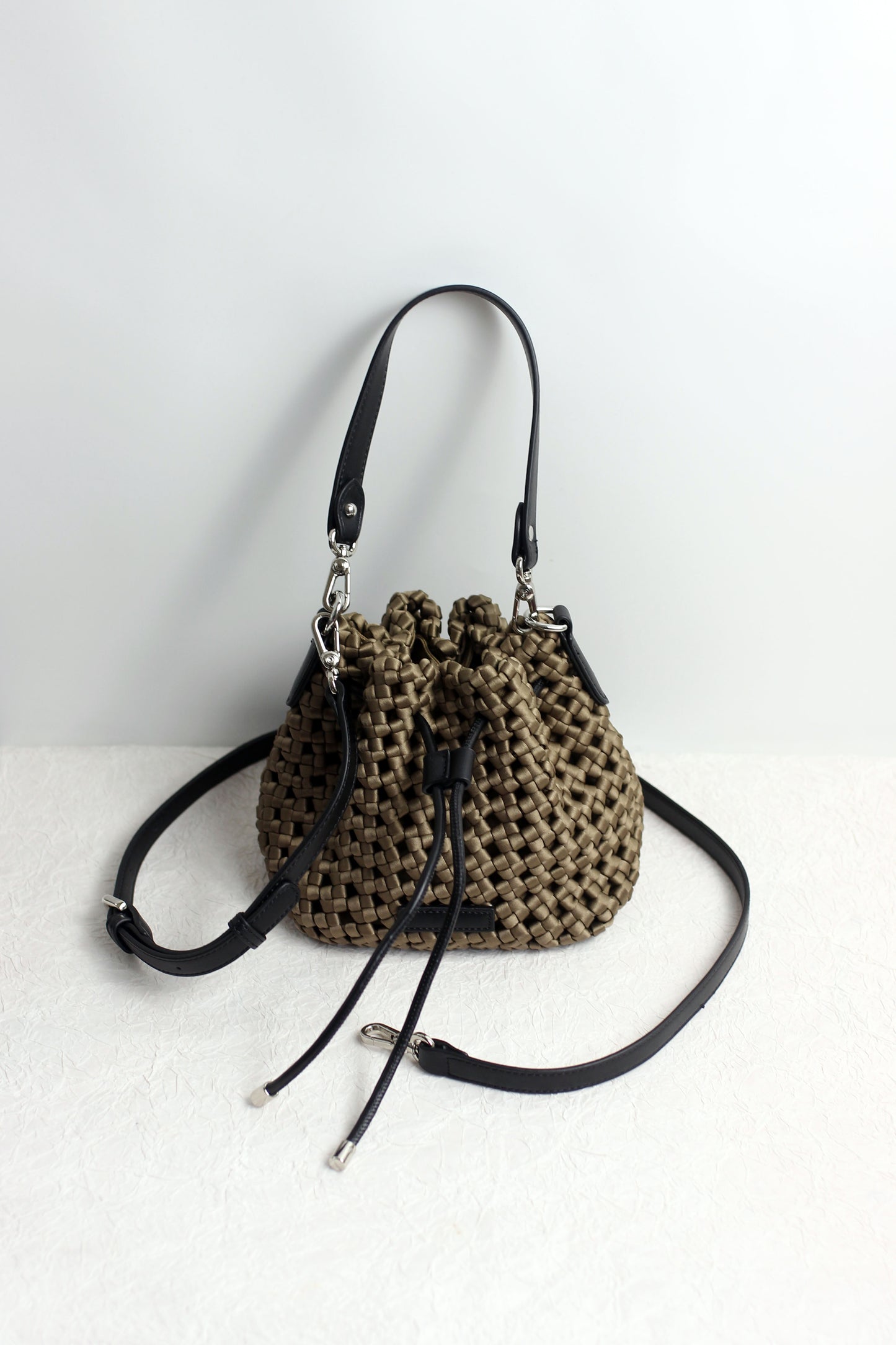 A2412CX69244 - Silk Woven Bucket Bag with PU Leather Trim