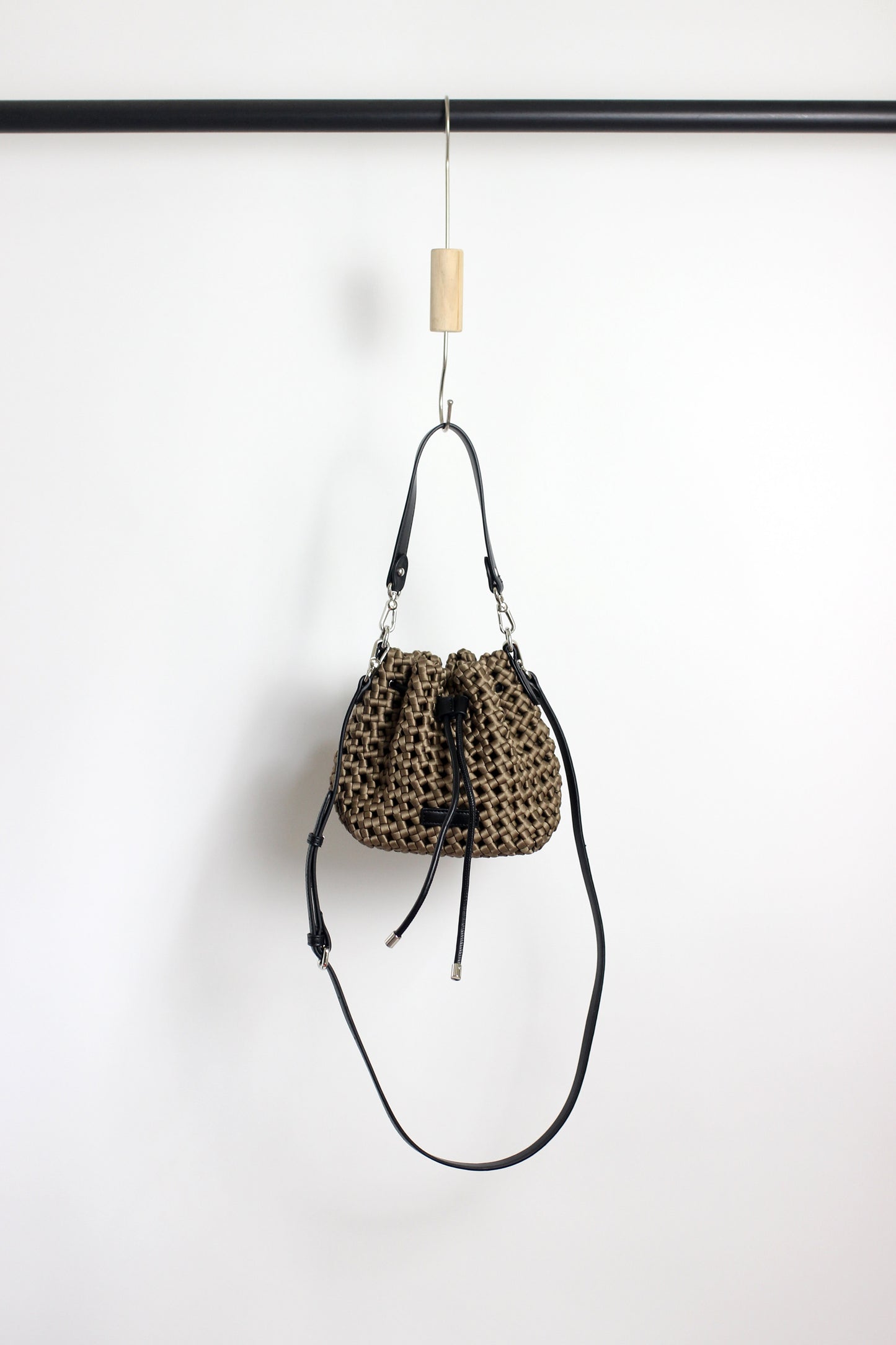 A2412CX69244 - Silk Woven Bucket Bag with PU Leather Trim