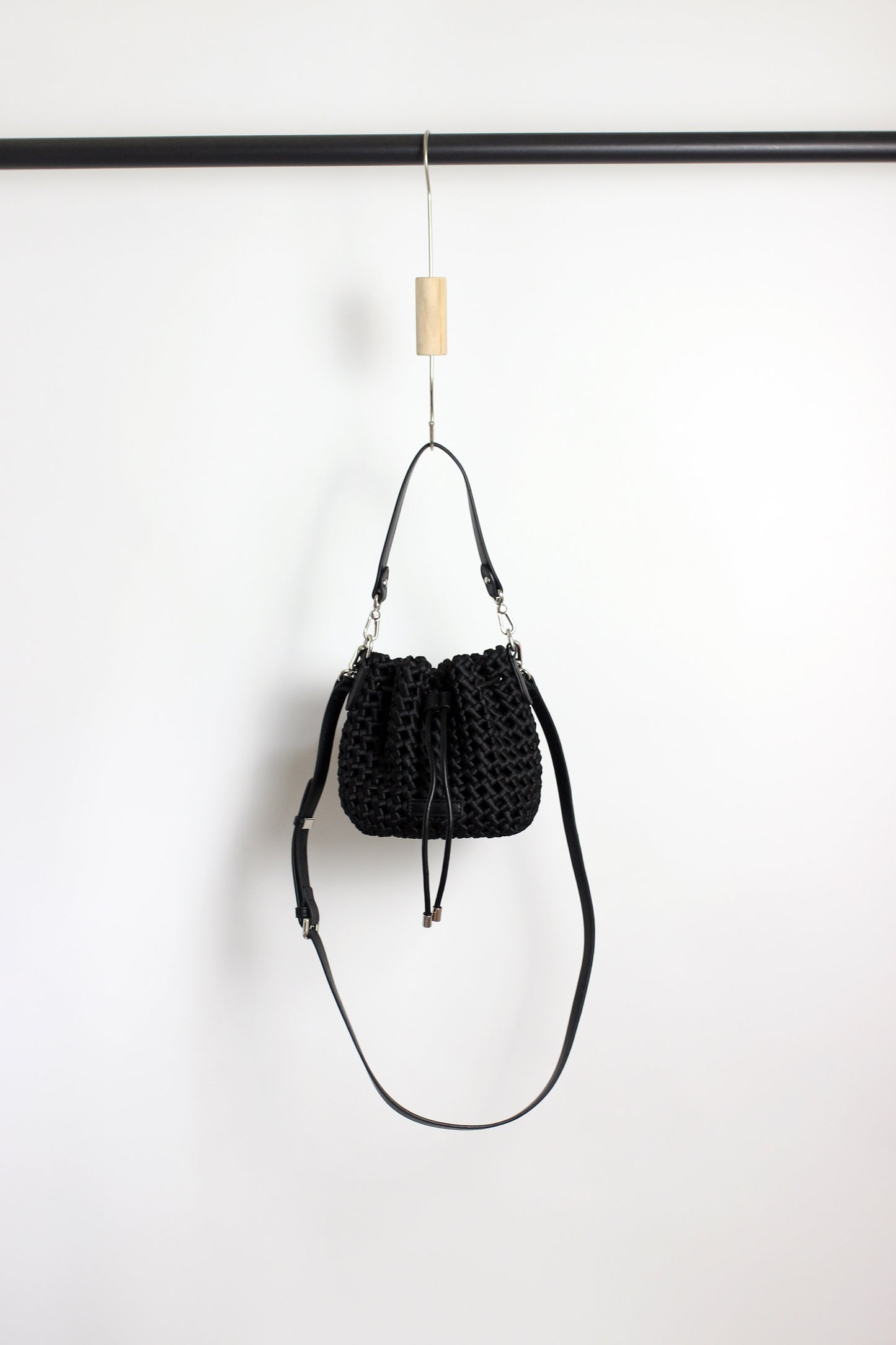 A2412CX69244 - Silk Woven Bucket Bag with PU Leather Trim