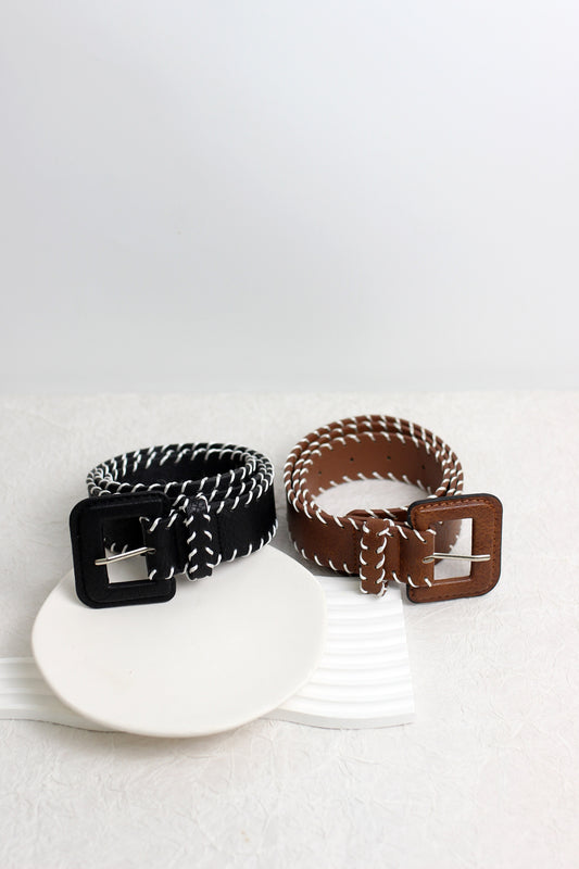 A2501WF83901 - Braided Stitch Faux Leather Belt with Square Buckle