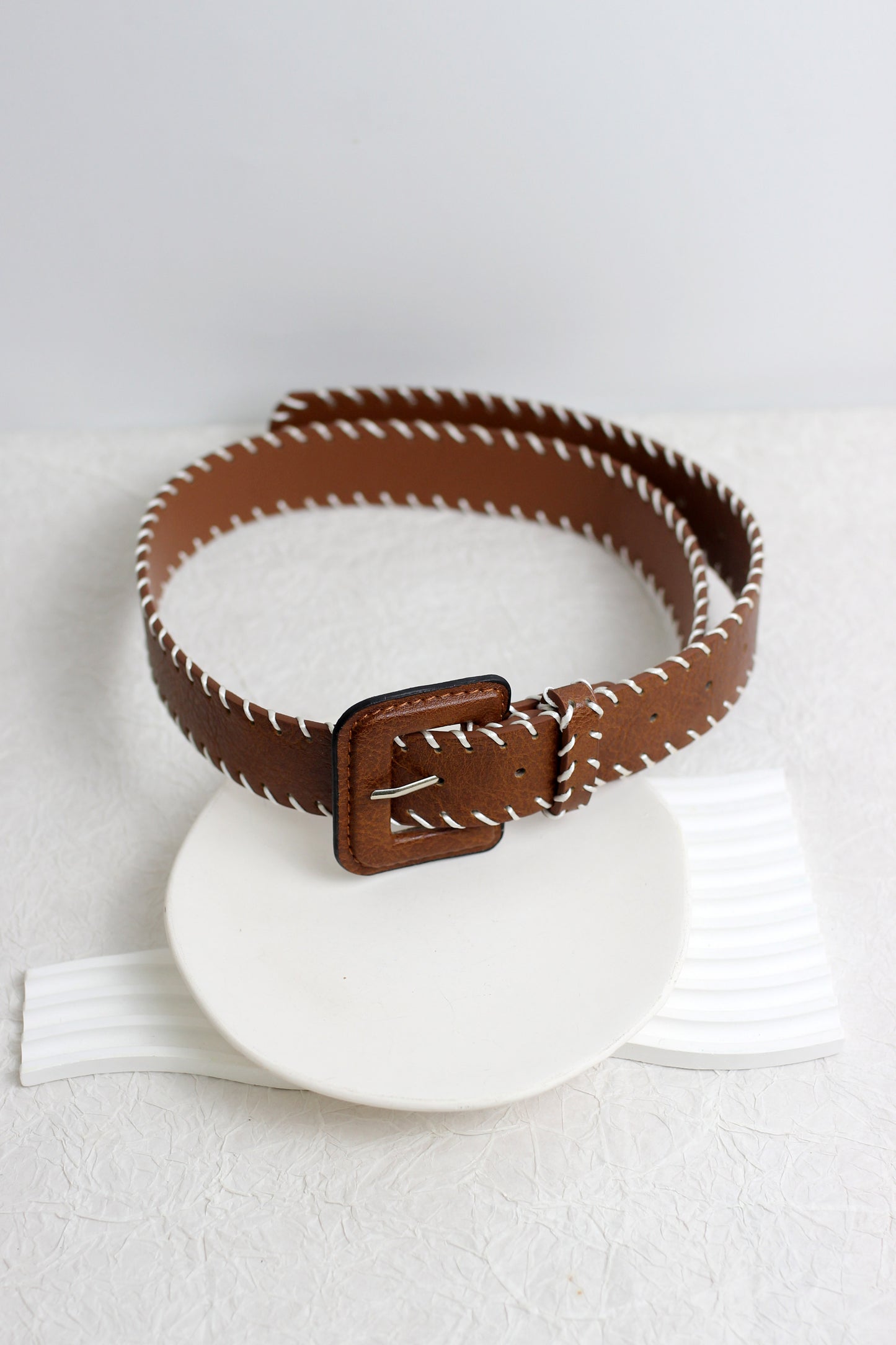 A2501WF83901 - Braided Stitch Faux Leather Belt with Square Buckle
