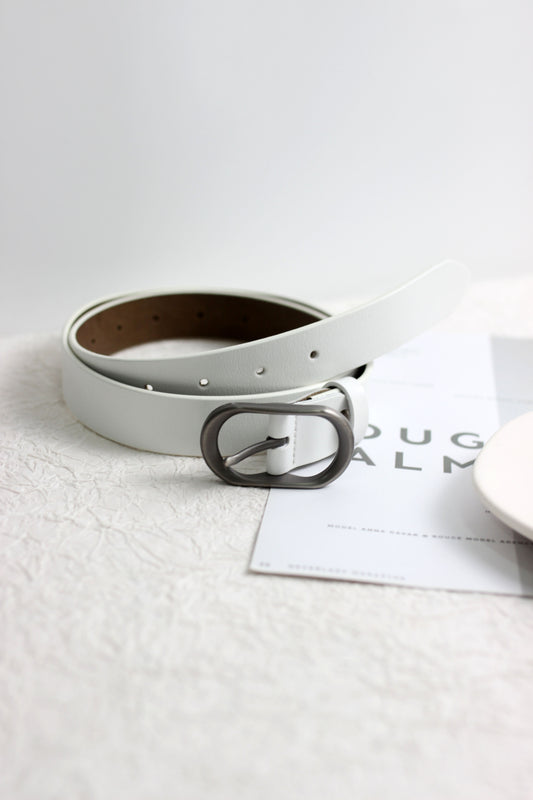 A2503BL90430 -Classic White Leather Belt with Oval Metal Buckle