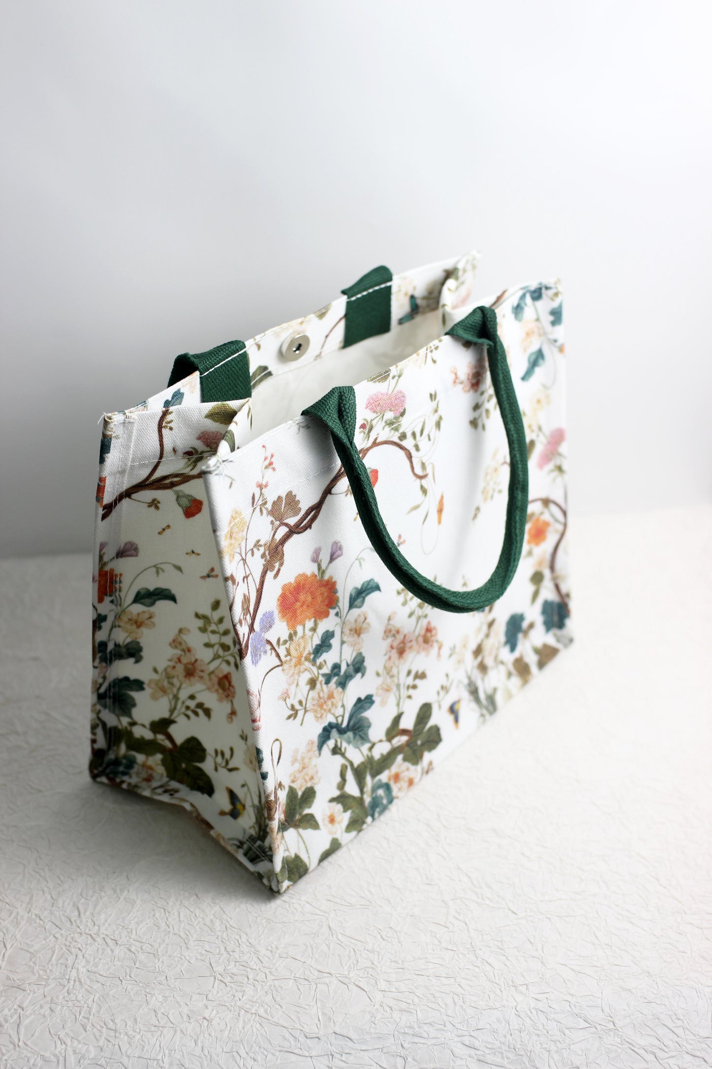 A2503CH82102 - Floral Canvas Tote Bag with Green Handles