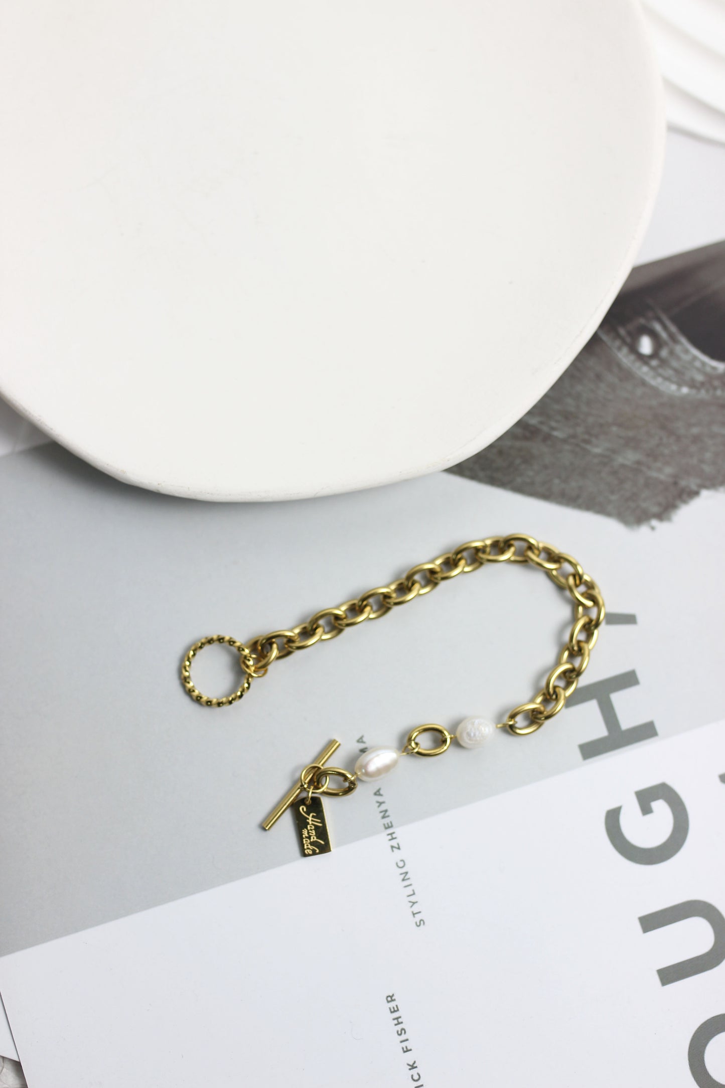 A2503ML65575 - Pearl Charm Gold Chain Bracelet