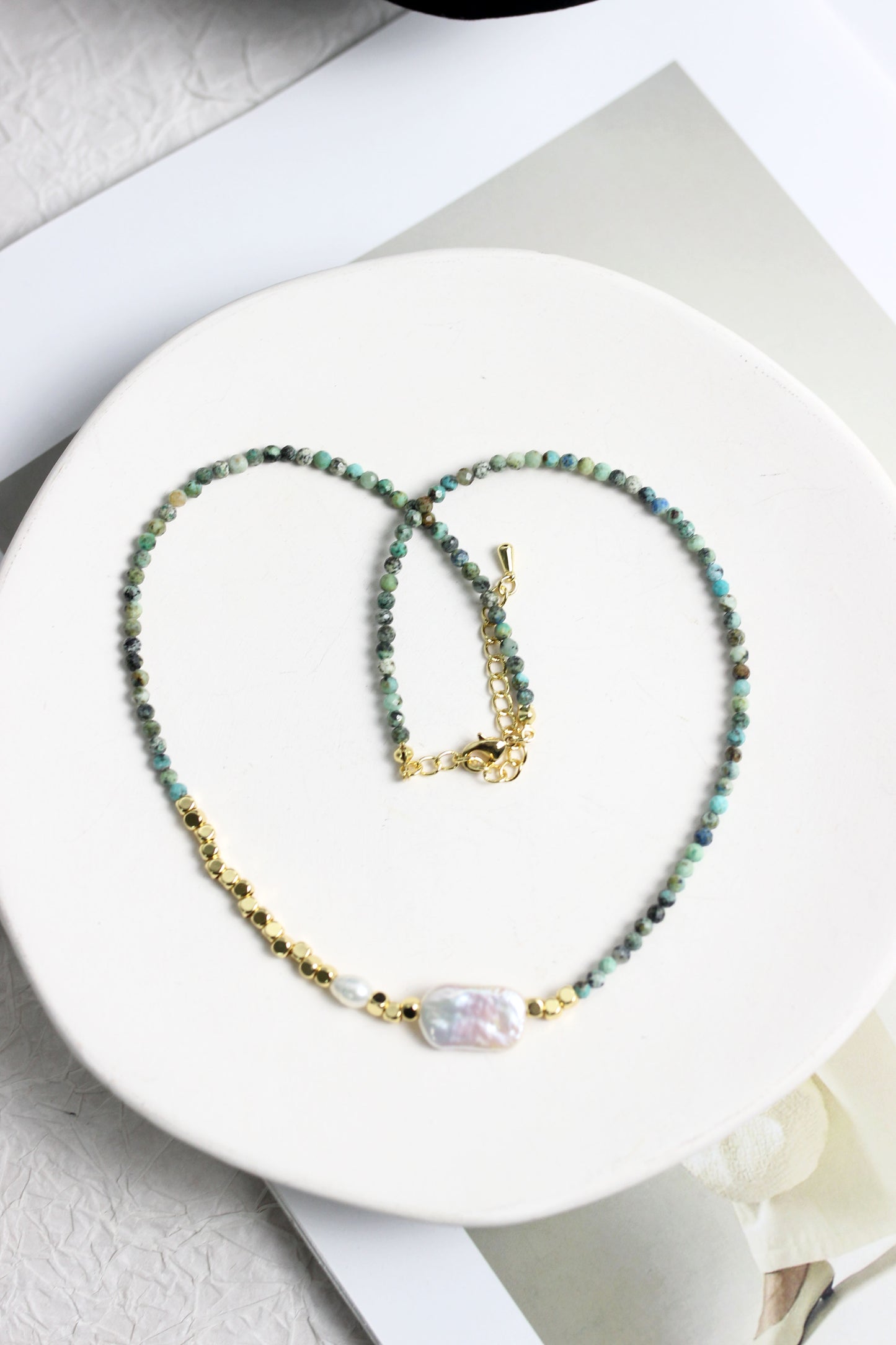 A2503MYZB88392 - Natural Stone Beaded Necklace with Baroque Pearl & Gold Accents