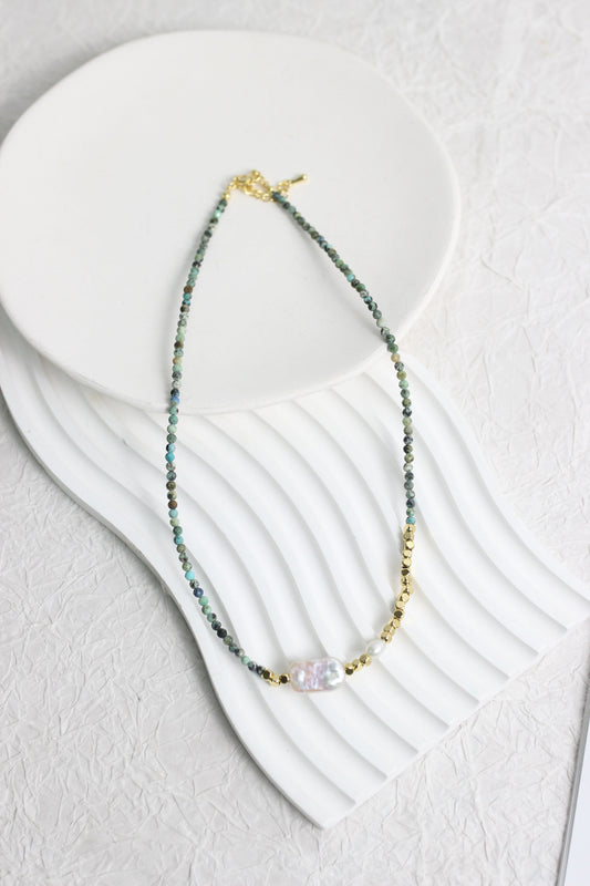 A2503MYZB88392 - Natural Stone Beaded Necklace with Baroque Pearl & Gold Accents