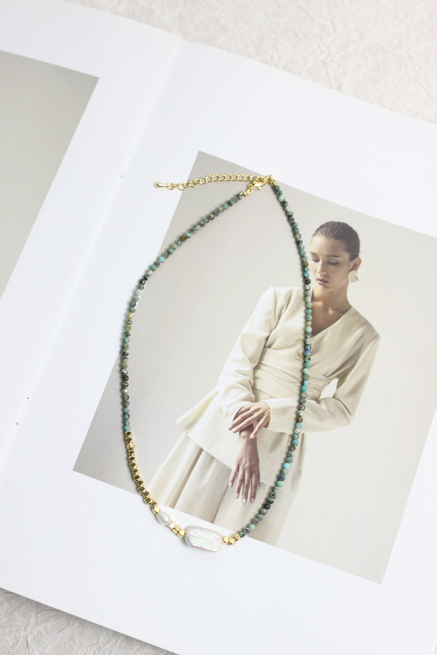 A2503MYZB88392 - Natural Stone Beaded Necklace with Baroque Pearl & Gold Accents