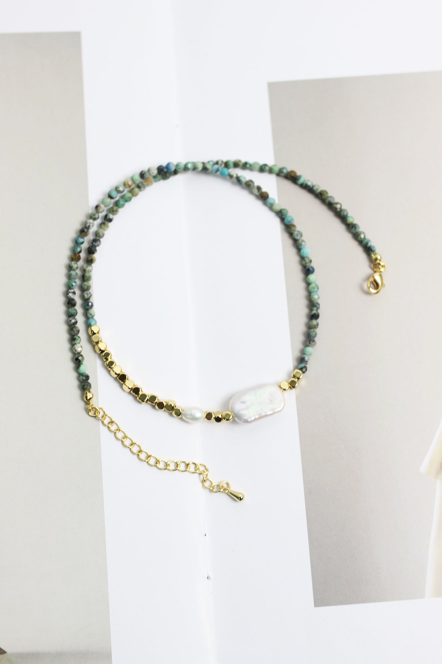 A2503MYZB88392 - Natural Stone Beaded Necklace with Baroque Pearl & Gold Accents