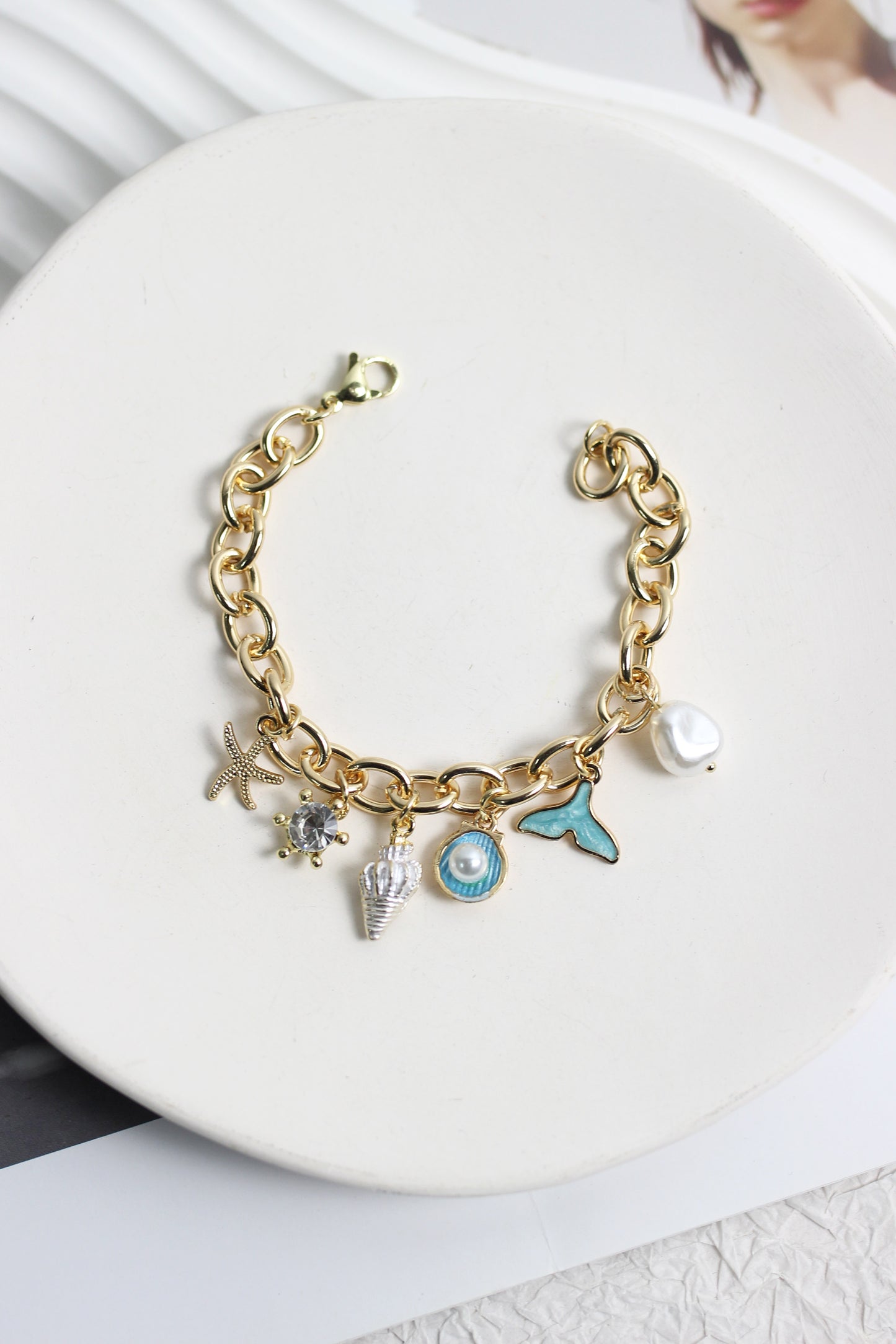 A2503PY19465 - Gold Coastal Charm Bracelet with Pearl and Ocean-Inspired Pendants