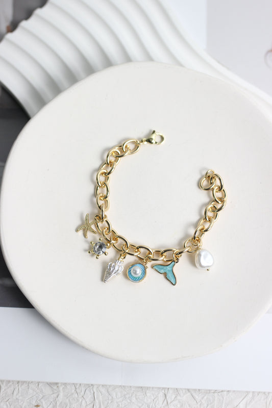 A2503PY19465 - Gold Coastal Charm Bracelet with Pearl and Ocean-Inspired Pendants