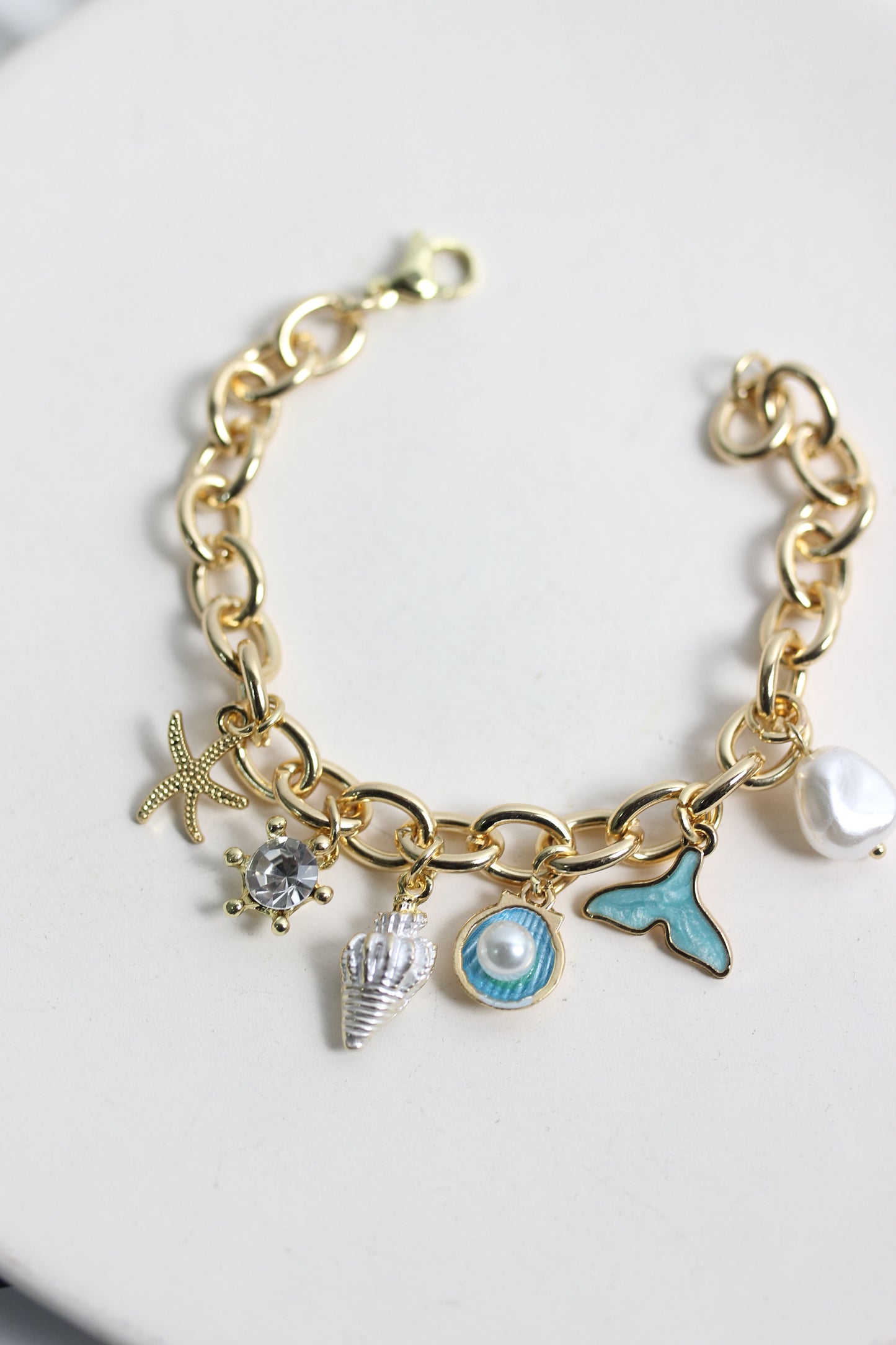 A2503PY19465 - Gold Coastal Charm Bracelet with Pearl and Ocean-Inspired Pendants