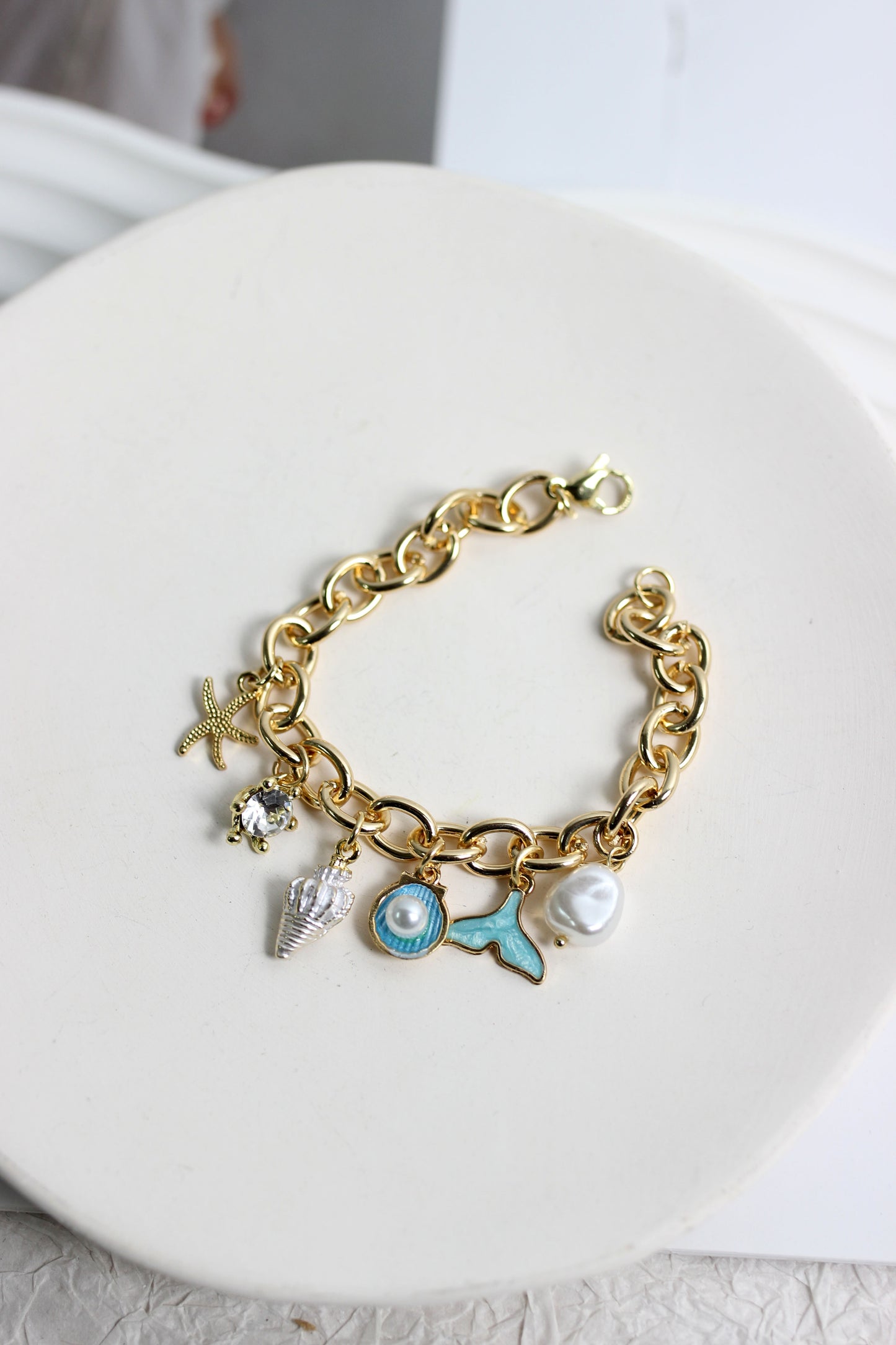 A2503PY19465 - Gold Coastal Charm Bracelet with Pearl and Ocean-Inspired Pendants