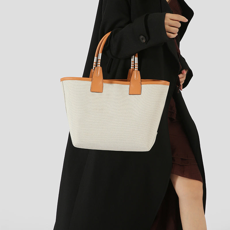 A2503SHY68443 - Two-Tone Canvas Tote Bag with Leather Handles