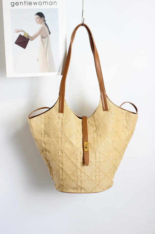 A2503XL79497 - Luxury Woven Tote Bag with Genuine Leather Straps