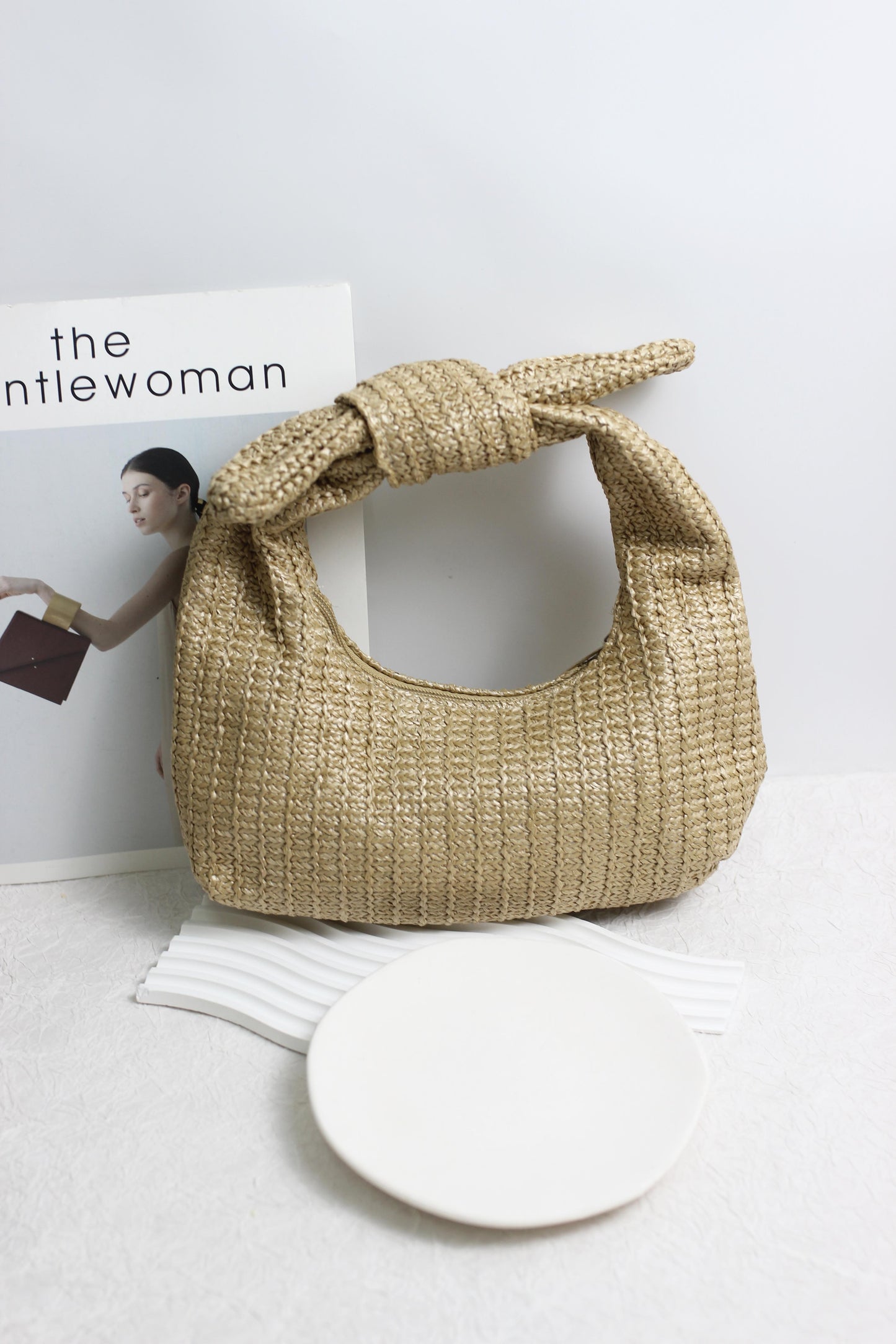 A2504SJ20177 - Boho Knot-Handle Woven Straw Handbag