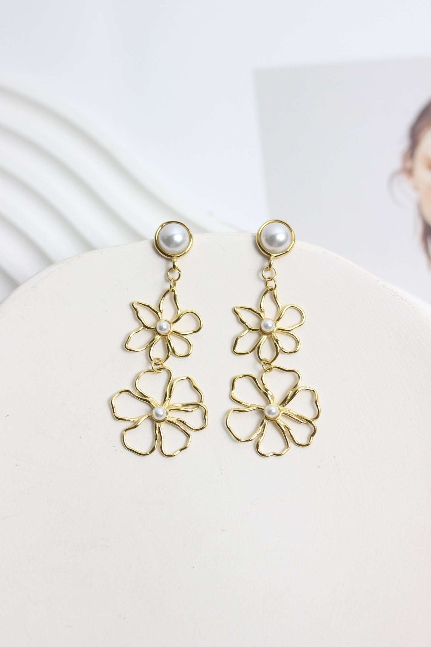 A2505MJ11860 - Pearl Stud Double Flower Drop Earrings