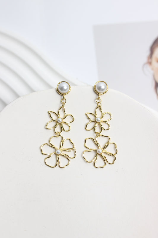 A2505MJ11860 - Pearl Stud Double Flower Drop Earrings
