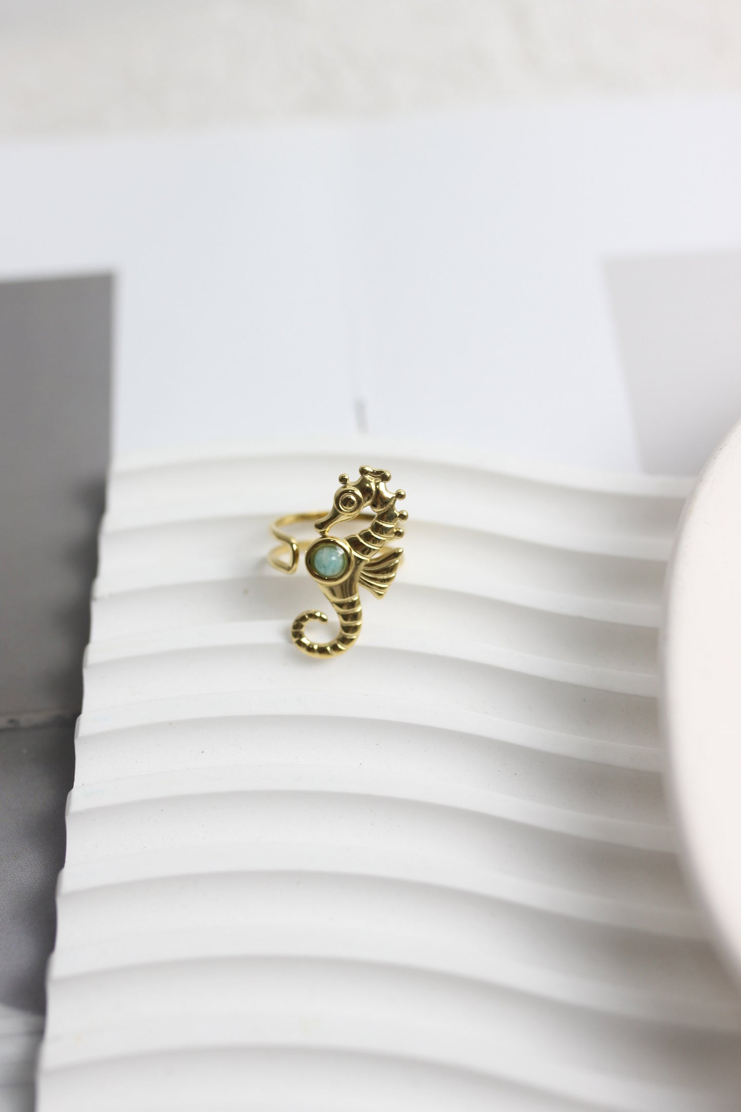 A2505MJ67457 - Gold Seahorse Adjustable Ring with Turquoise Accent