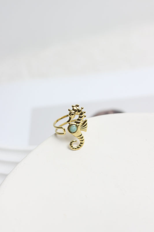 A2505MJ67457 - Gold Seahorse Adjustable Ring with Turquoise Accent