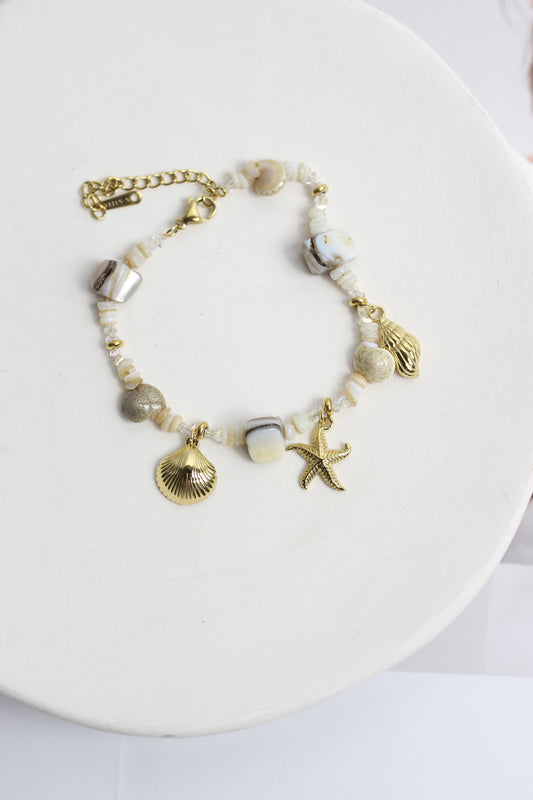 A2505MJ88347 - Shell & Stone Charm Bracelet with 18K Gold Plated Accents